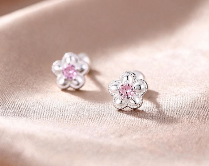 Elegant S999 Sterling Silver Pink CZ Flower Stud Earrings with Secure Screw Back, Cute Birthday Jewelry Gift for Beloved Niece or Sister.