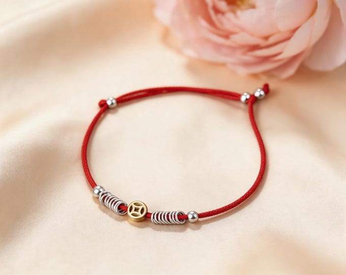Red String Bracelet, Lucky Coin Charm Woven Cord, Handmade Adjustable Protection Jewelry, Minimalist Boho Gift for Women Men