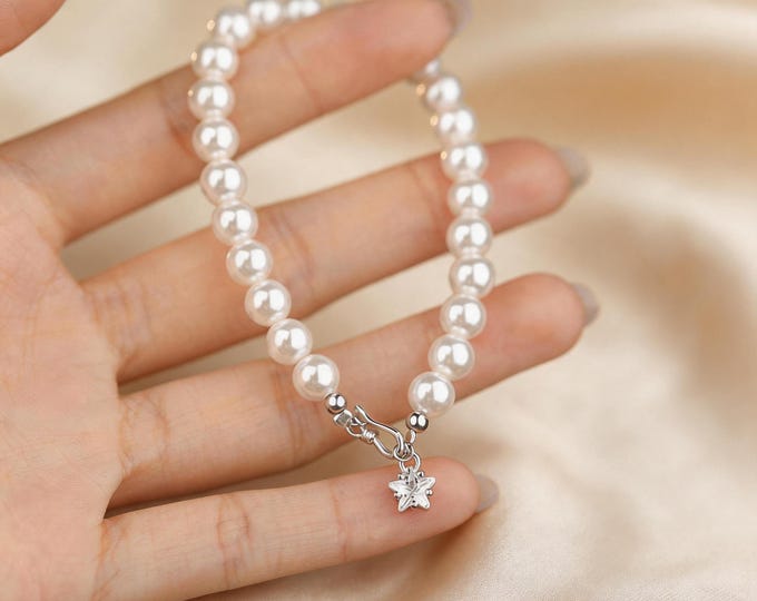 Minimalist S925 Silver Pearl Chain Bracelet, Tiny Shimmering Zircon Star, Dainty Stackable Pearl Jewelry, Adjustable Celestial Jewelry
