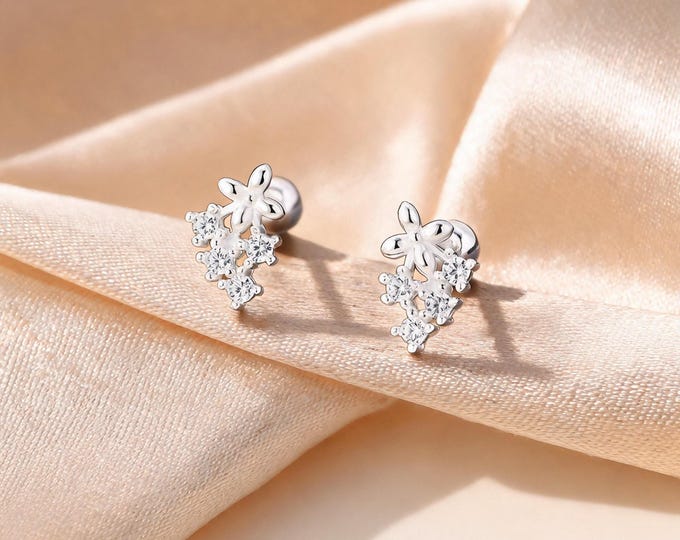 S999 Sterling Silver CZ Floral Tassel Drop Stud Earrings, Dainty Solid Flower Detail, Sweet Birthday Jewelry Gift for Bestie or Sister.