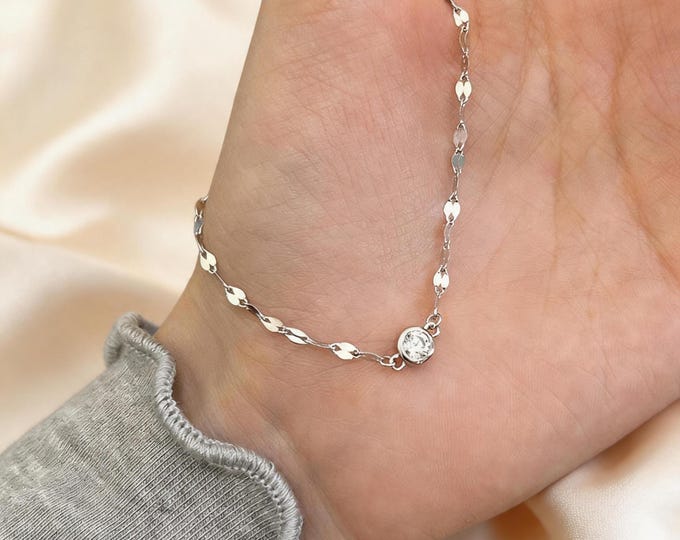 S925 Sterling Silver Micro Pave Circle Bracelet - Dainty Minimalist CZ Ring Chain for Women, Sparkly Silver Jewelry, Adjustable Gift