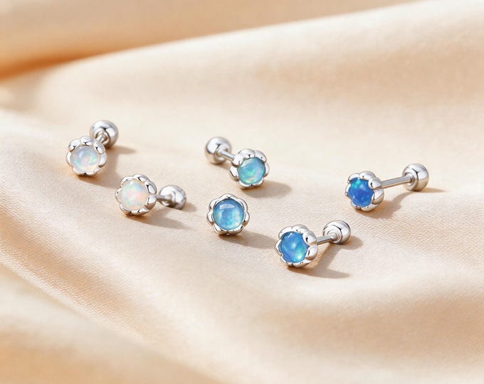 S999 Sterling Silver Minimalist Opal Stud Earrings with Screw Back, Round Geometric Design, Sentimental Birthday Gift for Wife or Daughter.