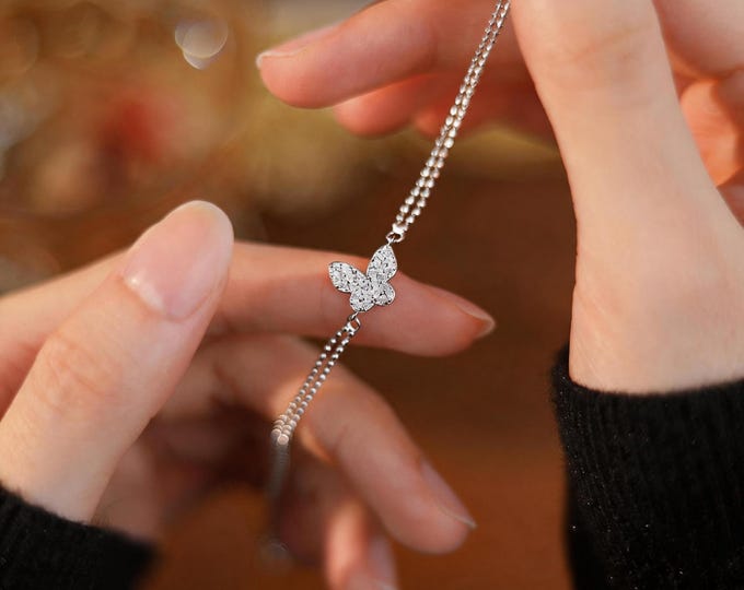 S925 Sterling Silver Double Layer Butterfly Bracelet - Dainty Micro Pave Zircon Butterfly Jewelry for Women, Minimalist Anniversary Gift