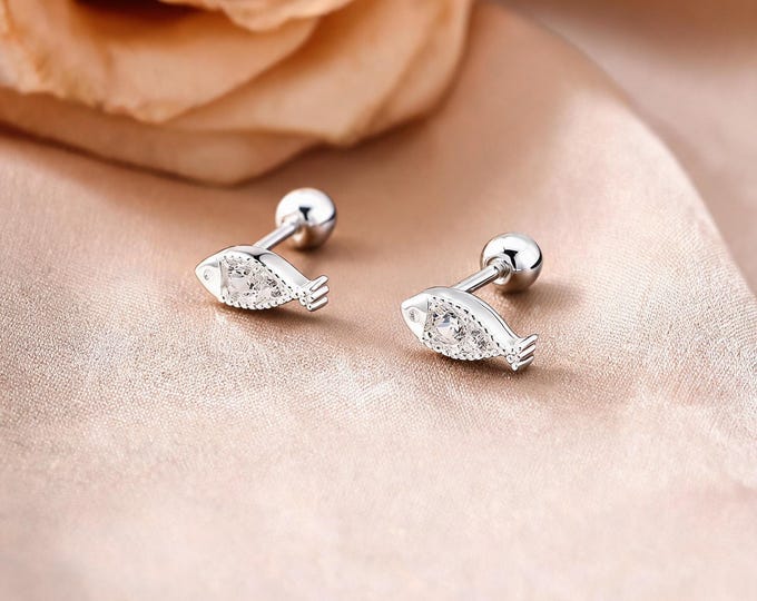 Adorable Sleep-Friendly S999 Sterling Silver Tiny Fish Stud Earrings with Sparkling CZ, Secure Screw Back, Sweet Gift for Her Daily Outfits