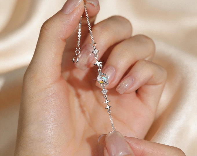 S999 Fine Silver Crystal Planet Bracelet, Double Layered Snake Chain with Micro Pave CZ Saturn, Celestial Jewelry for Women, Adjustable Gift