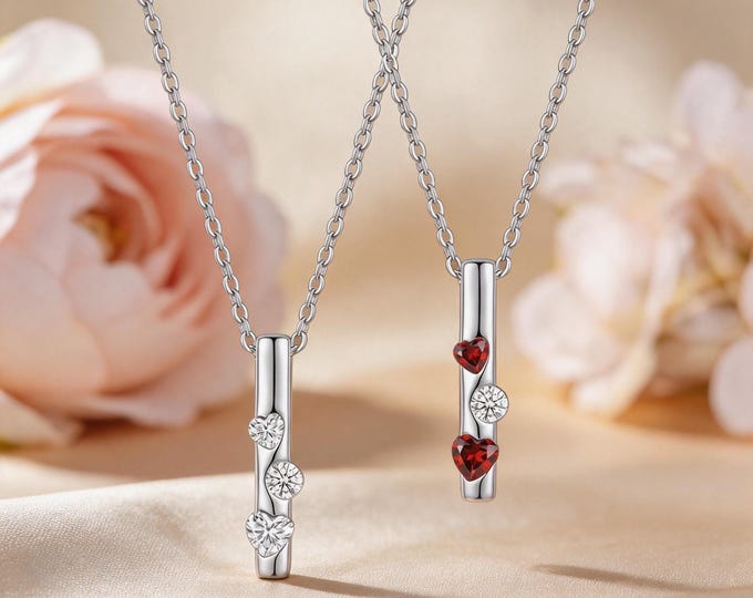 925 Sterling Silver Vertical Bar Necklace, Heart CZ & Garnet Pendant, Minimalist Dainty Jewelry for Women