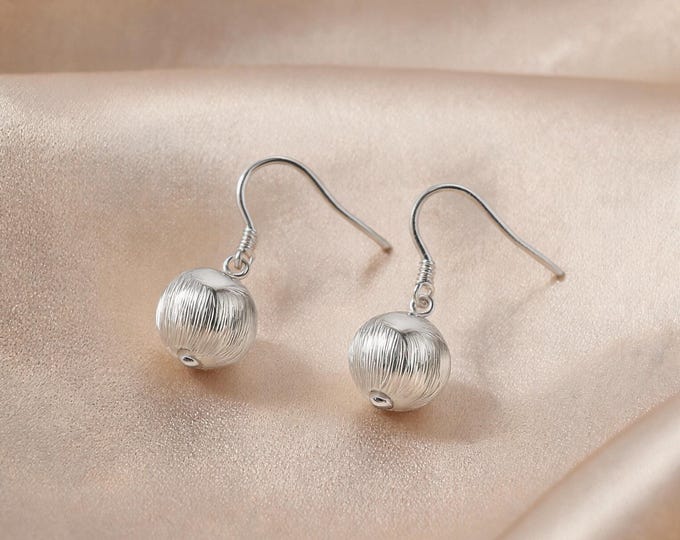 Dainty S999 Sterling Silver Hook Dangle Earrings with Round Textured Bead, Minimalist Jewelry Gift for Women Who Love Simple Style