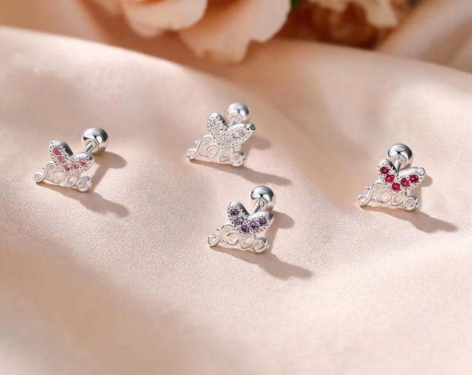 Charming S999 Sterling Silver LOVE Letter Stud Earrings with Micro Pave Heart, Multicolor CZ, Sleep-Friendly Screw Back Jewelry Gift for Her