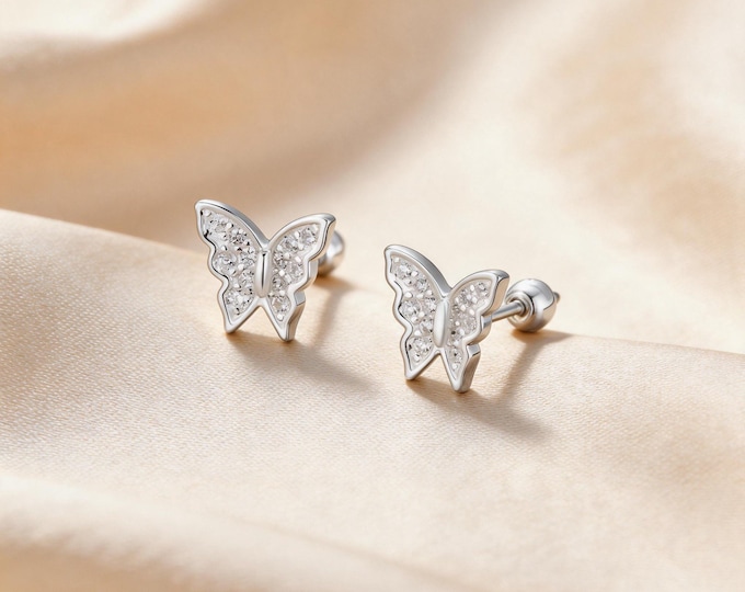 S999 Pure Silver Butterfly Studs with Dense CZ Inlay, Comfortable Hypoallergenic, Perfect Wedding Anniversary Gift for Her.