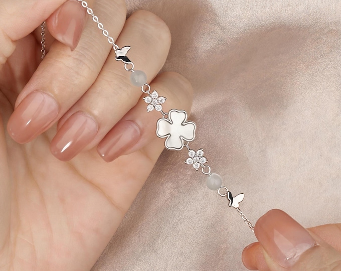 Beautiful Dainty S925 Silver Four Leaf Clover Bracelet with Moonstone Mother of Pearl Zirconia, Lucky Anniversary Birthday Gift for Her
