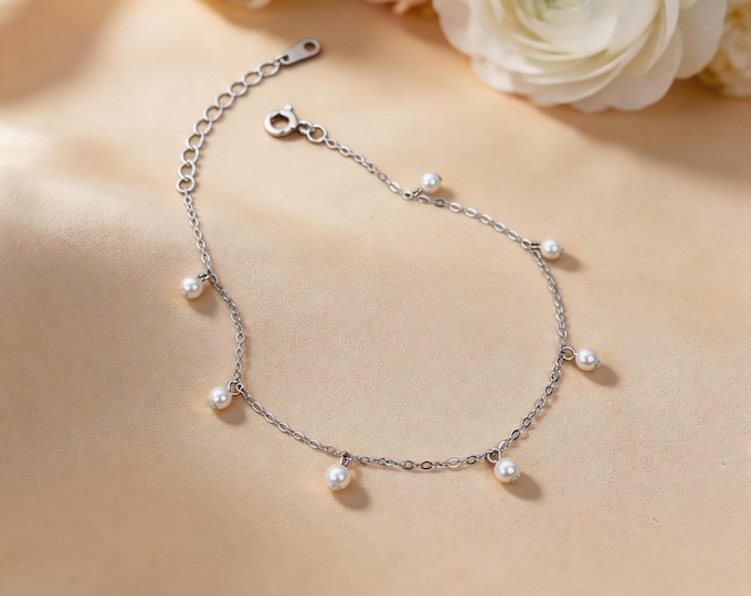 S925 Sterling Silver Dainty Pearl Bracelet Minimalist Station Pearl Chain for Women, Shimmering Bridal Wedding Gift, Adjustable Gift for Her