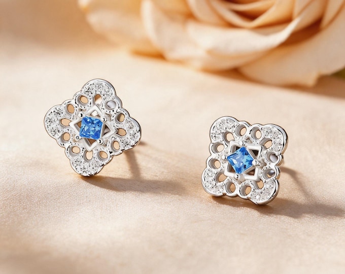 Elegant S999 Sterling Silver Square Blue CZ Stud Earrings, Hollow Design, Perfect Self Care Gift for You or Bestie Birthday Present