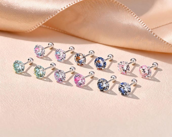 Elegant Solid S999 Sterling Silver Iridescent Floral Cut CZ Stud Earrings, 6mm Colorful Gemstone Jewelry, Perfect Birthday Gift for Her.