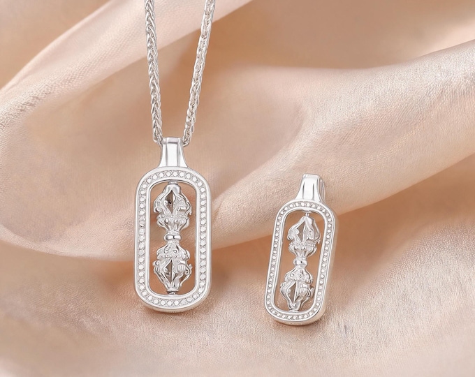 S999 Fine Silver Minimalist Vajra Pendant Necklace, Spiritual Protection Dorje Charm with Adjustable Chain Gift for Her Women
