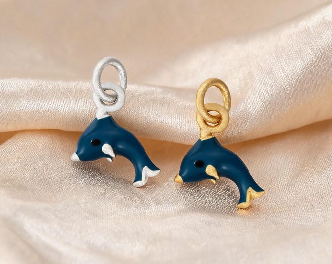 Solid S999 Sterling Silver Enamel Dolphin Charm Pendant with Double Loops for DIY Necklace Bracelet Earring Jewelry Making Supplies