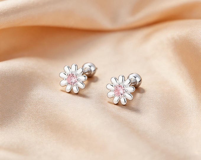 S999 Sterling Silver Daisy Flower CZ Screw Back Stud Earrings, Sweet Birthday or Back-to-School Jewelry Gift for Daughter or Niece.