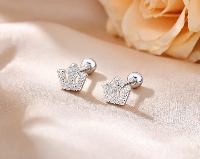 Adorable Sleep-Friendly S999 Silver Crown Stud Earrings with Sparkling CZ Stones, Secure Screw Back, A Sweet Jewelry Gift for Her.