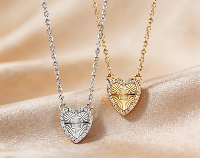 S925 Fine Silver Fluted Heart Pendant Necklace, Pave Zirconia Sunray Charm, Adjustable Chain in Silver or Gold Finish for Her Women
