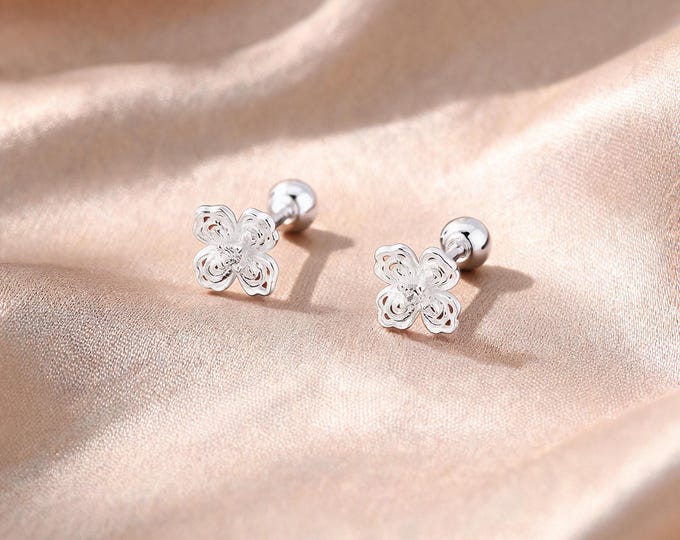 Dainty S999 Sterling Silver Hollow Flower Stud Earrings, Sparkling CZ Center, Sweet Romantic Gift for Wife or Girlfriend.