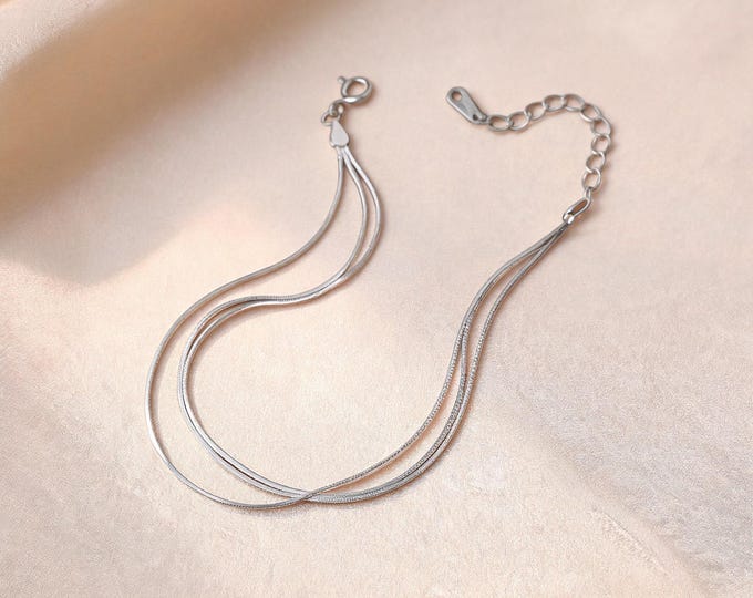 Dainty S925 Silver Triple Layer Bracelet, Minimalist Fine Line Chain Jewelry, Elegant Anniversary Birthday Gift for Her