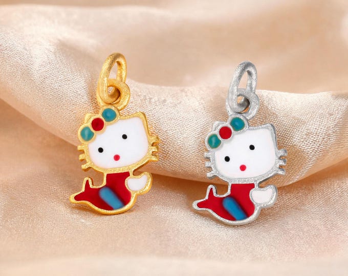Premium S999 Sterling Silver Cartoon Cute Mermaid Cat Charm Pendant with Enamel for DIY Necklace Bracelet Earring Jewelry Making Supplies