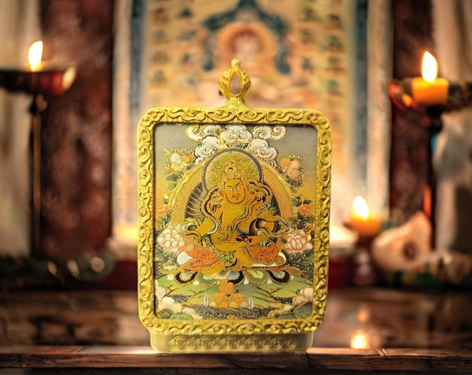 Yellow Jambhala Tibetan Thangka Necklace, Hand Painted Temple Healing Gift