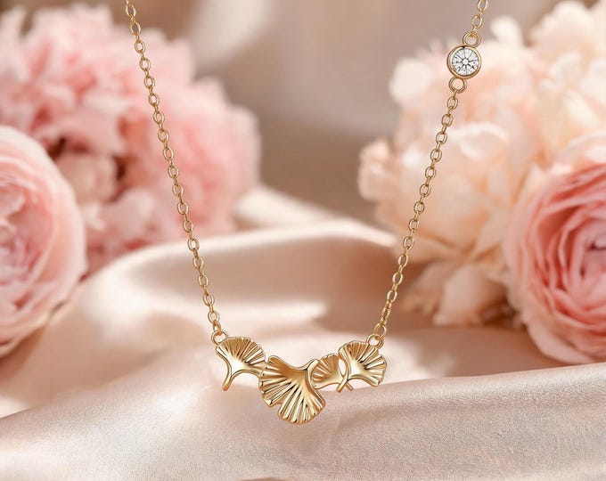 925 Sterling Silver Ginkgo Leaf Pendant Necklace, Tiny Cubic Zirconia Accent, Minimalist Everyday Jewelry for Women