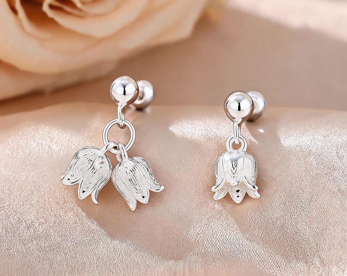 Asymmetric Lily of Valley Screw Studs, 999 Fine Silver Drop Earrings, Dainty Mismatched Floral, Daily Fine Jewelry, Gift for Bestie & Self