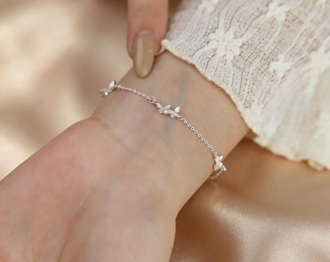 S999 Fine Silver Butterfly Bracelet, Dainty Minimalist Bracelet for Women, Adjustable Floating Butterfly Jewelry, Birthday Gift for Her