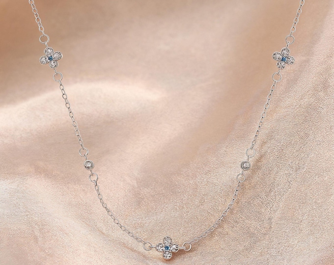 S925 Fine Silver Minimalist Flower Station Necklace, Micro-set Zirconia Clover Charm, Dainty Adjustable Chain Gift for Her Women