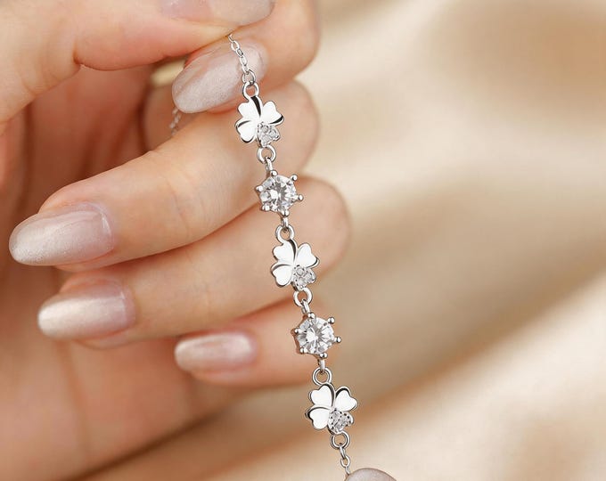 S925 Sterling Silver Four Leaf Clover Bracelet, Dainty Micro Pave Zircon Lucky Charm Bracelet, Minimalist Jewelry, Birthday Gift for Her