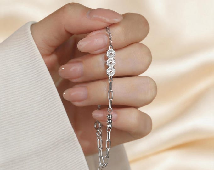 S925 Sterling Silver Shimmering Coin Bracelet - Unique Double Strand, Triple Tiny Coins & Silver Beads, Dainty Adjustable Bracelet