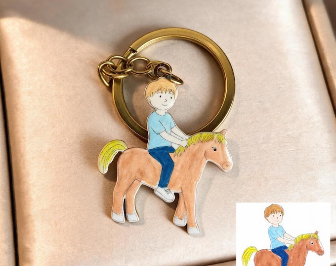 Custom Kids Drawing Boy Riding Horse Pendant, Stainless Steel Necklace Pendant Charm Keychain Fridge Magnet, Personalized Keepsake Gift