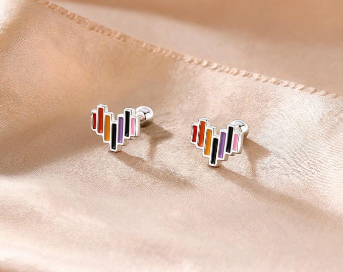 S999 Sterling Silver Rainbow Heart Stud Earrings, Colorful Enamel Stripe Design, Romantic Valentine's Day Jewelry Gift for Girlfriend