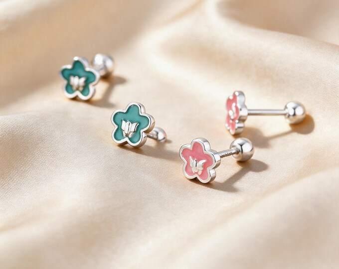 Charming S999 Sterling Silver Flower & Butterfly Stud Earrings with Pink Green Enamel, Sweet Birthday Gift for Girlfriend or Daughter.