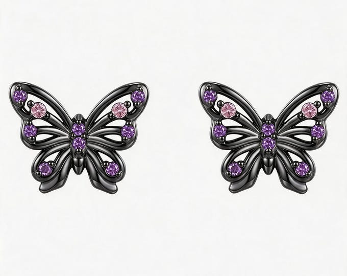 Dainty 925 Sterling Silver Butterfly Stud Earrings, Pink CZ Black Tone Hollow Studs, Edgy Daily Fine Jewelry, Gift for BFF & Self