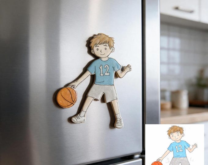 Custom Basketball Boy Drawing, Stainless Steel Necklace Pendant Charm Keychain Fridge Magnet, Personalized Kids Art Keepsake for Him