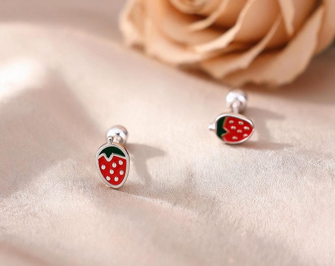 Charming Minimalist S999 Sterling Silver Enamel Strawberry Stud Earrings with Secure Screw Back, Sweet Jewelry Gift for Her Daily Wear.