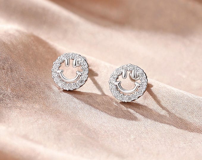 Solid Charming Minimalist S999 Silver Smiley Face Screw Back Stud Earrings with Sparkling CZ Stones, The Perfect Sweet Gift for Her