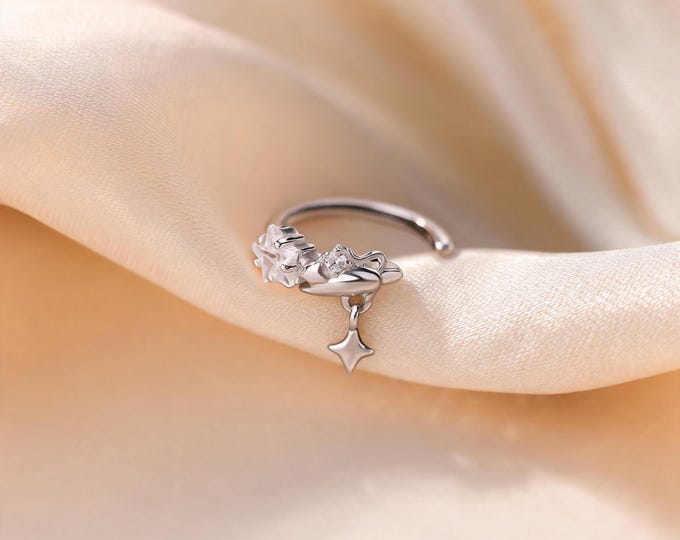 S925 Sterling Silver Open Star Ear Cuff With Sparkling CZ And Dangling Star Charm, Perfect Astronomy Gift For Best Friend