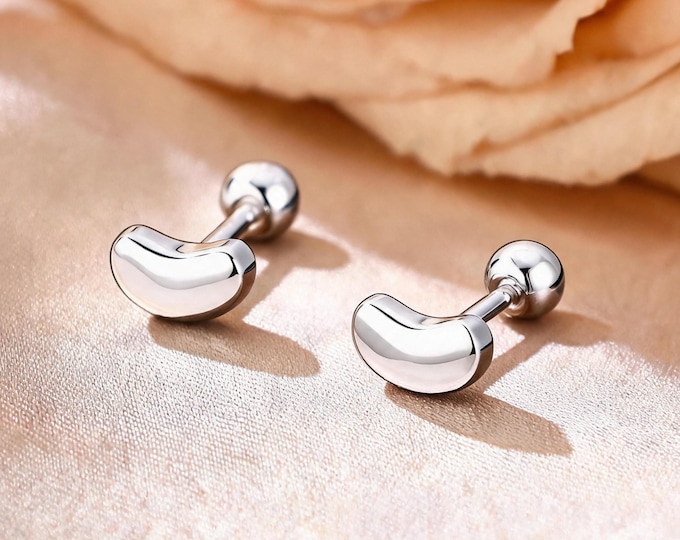 Smooth Curved Silver Screw Back Studs, 999 Fine Silver Bean Earrings, Dainty Mini Design, Daily Fine Jewelry, Gift for Bestie & Self