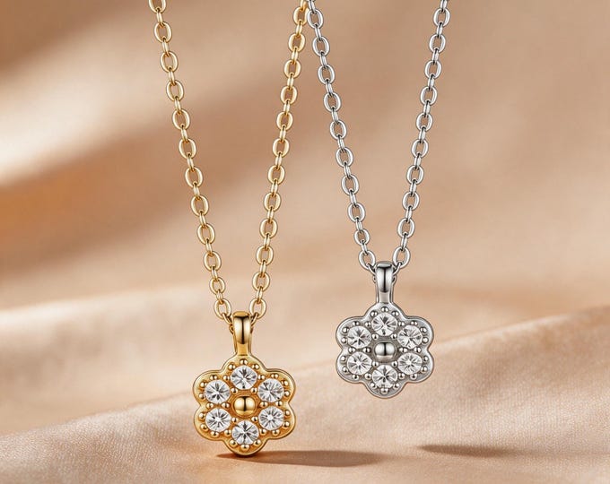 S925 Fine Silver Flower Cluster Necklace, Pave Zirconia Blossom Pendant, Adjustable Chain in Silver or Gold for Her Women Gift