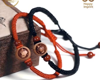 Handwoven Peach Wood Carved Chinese Zodiac Feng Shui Bracelet with Authentic Cinnabar Beads – New Year Talisman Gift for Her