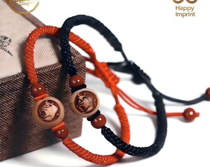 Handwoven Peach Wood Carved Chinese Zodiac Feng Shui Bracelet with Authentic Cinnabar Beads – New Year Talisman Gift for Her
