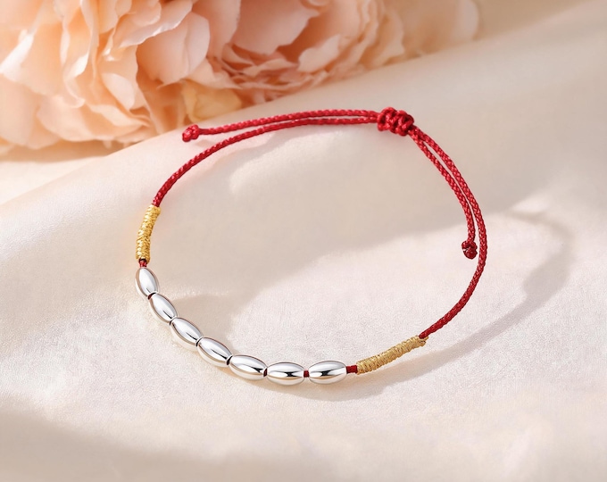 Elegant Minimalist S999 Silver Red String Lucky Bracelet with 7 Rice Beads, Adjustable Sliding Knot Jewelry Gift for Wife Girlfriend