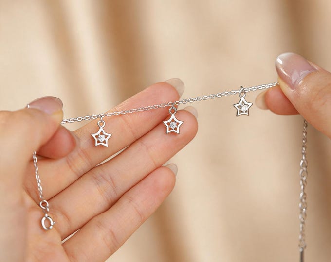 S925 Sterling Silver Star Bracelet, Dainty Hollow Five-Pointed Star Charm with Sparkling Zircon, Minimalist Celestial Jewelry, Gift for Her