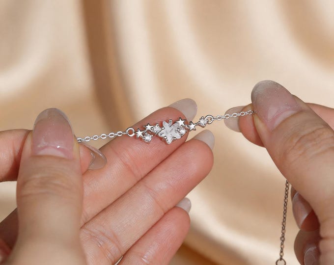 S999 Fine Silver Twinkling Star Bracelet - Delicate Celestial Design, Micro Pave Zircon Stars, Dainty Adjustable Bracelet for Women