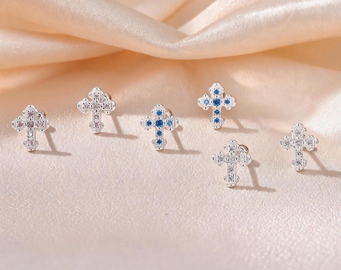 Elegant Solid S999 Silver Retro Cross CZ Stud Earrings, Hypoallergenic Religious Jewelry, Baptism or Confirmation Gift for Goddaughter
