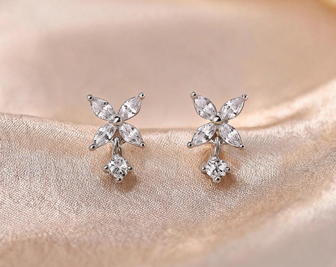 Dainty 999 Silver Marquise CZ Flower Drop Studs, Dangling Floral Earrings, Minimalist Sparkle, Daily Wear Jewelry, Gift for Friend & Self