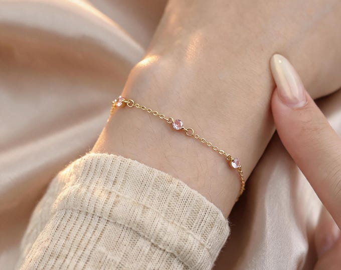 Elegant Dainty S925 Gold Pink Zirconia Bracelet, Minimalist Chain Adjustable 16cm+5cm, Anniversary Birthday Gift for Her Wife